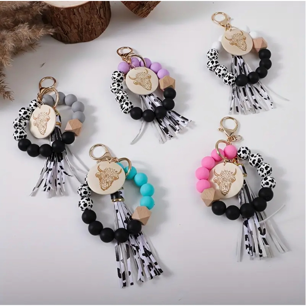 1pc Leopard Print Wooden Beads, Silicone Beads, Western Style Cow Head, 5 colors